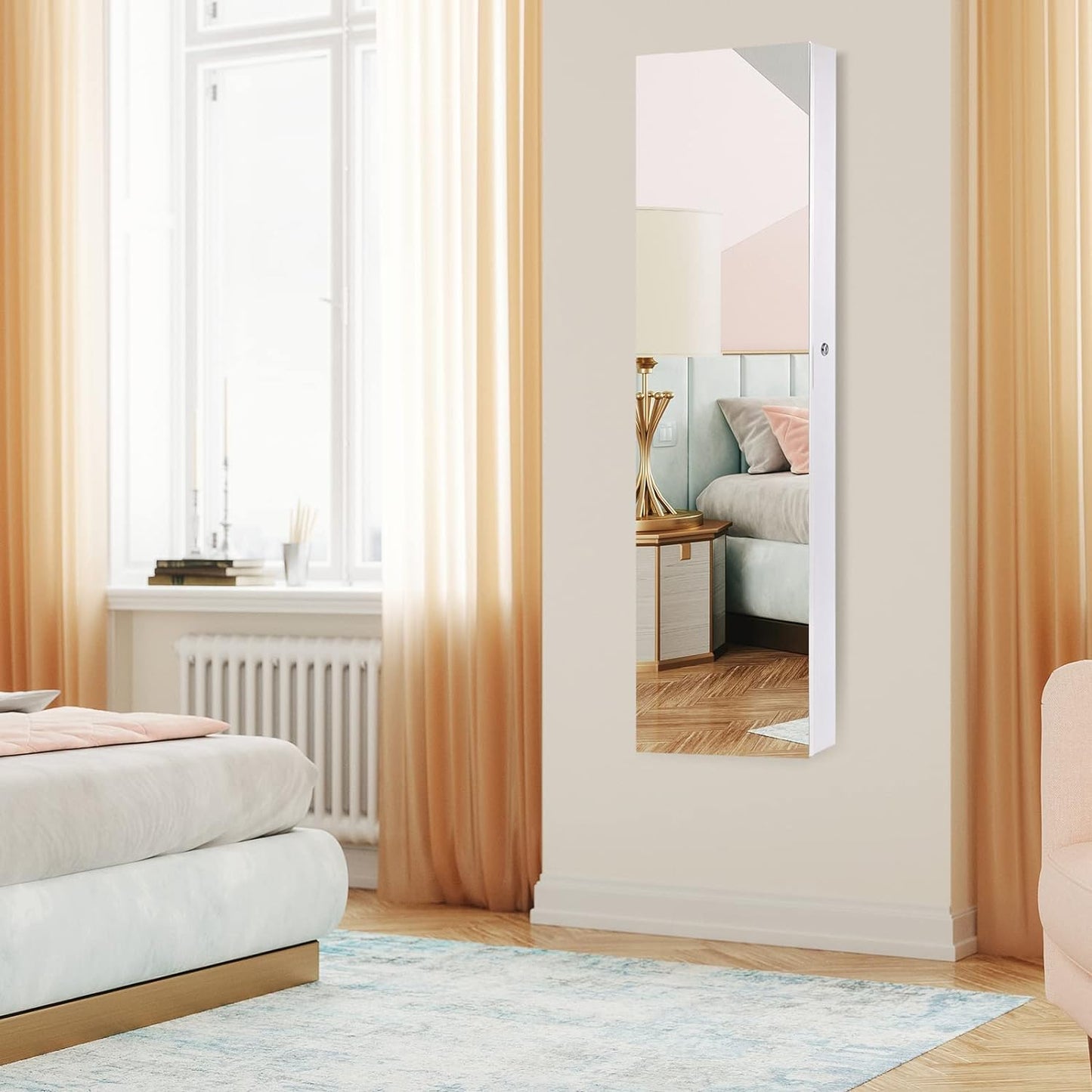 Wall Mounted Jewelry Armoire with Full Length Mirror & 2 LED Lights, Large Storage Capacity, Lockable Mirror Jewelry Cabinet for Women Girls (White)