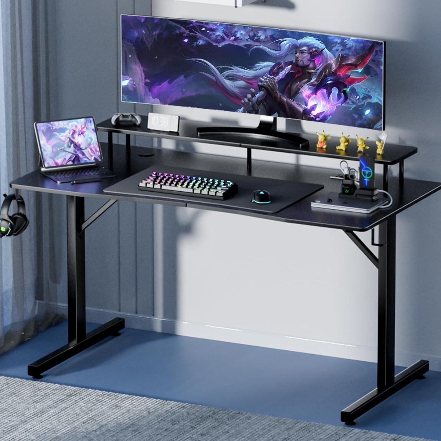 55 Inch Gaming Desk with LED Lights & Power Outlet, Computer Gamer Desk with Monitor Stand, Ergonomic Carbon Fiber Gaming Table Home Office Desk with Headphone Hook & Mouse Pad
