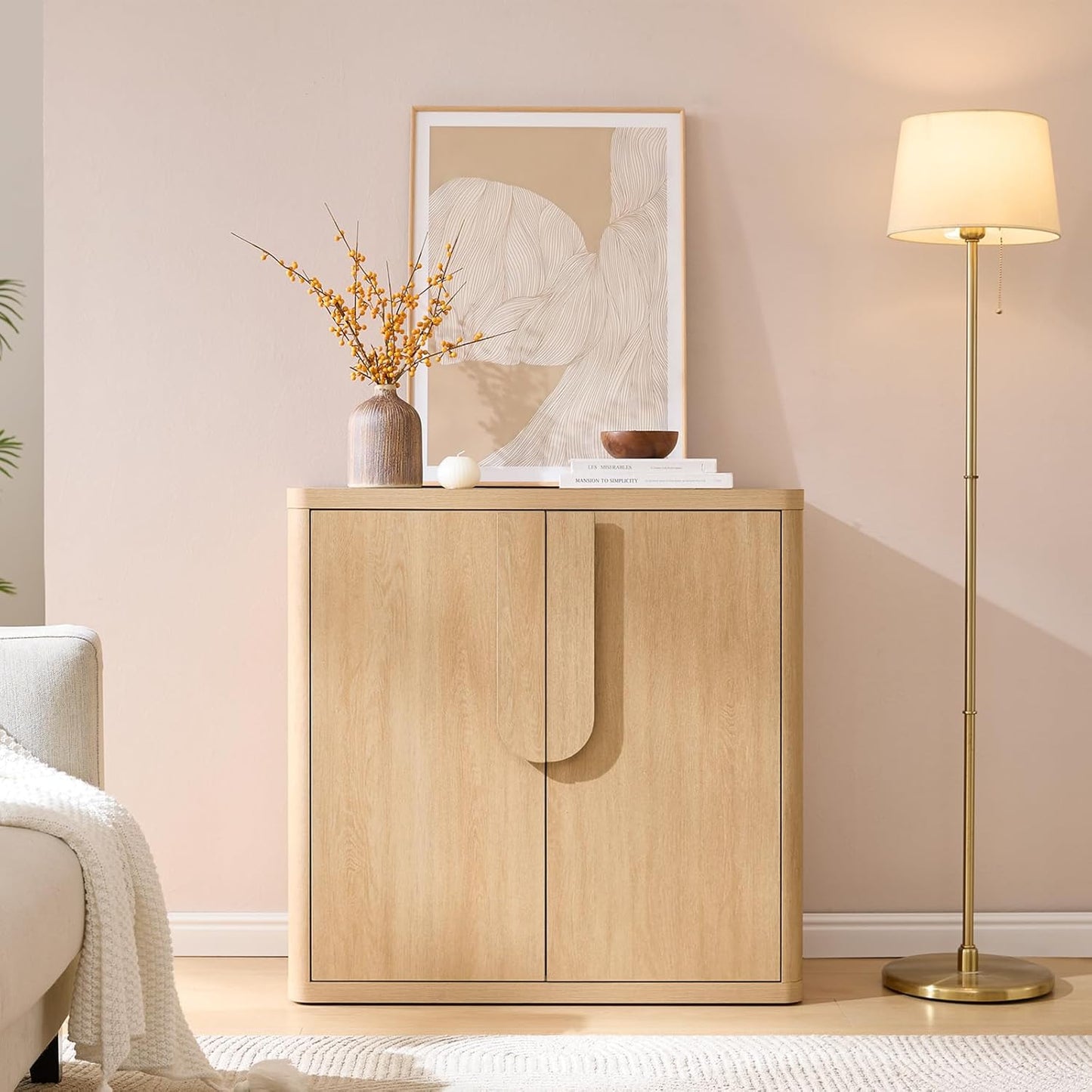 34.5'' Sideboard Buffet Cabinet W/Storage, Modern Accent Cabinets W/Curved Handles & Adjustable Shelves, 4 Doors Coffee Bar Buffet Table Credenza for Living Room Kitchen Hallway, Natural