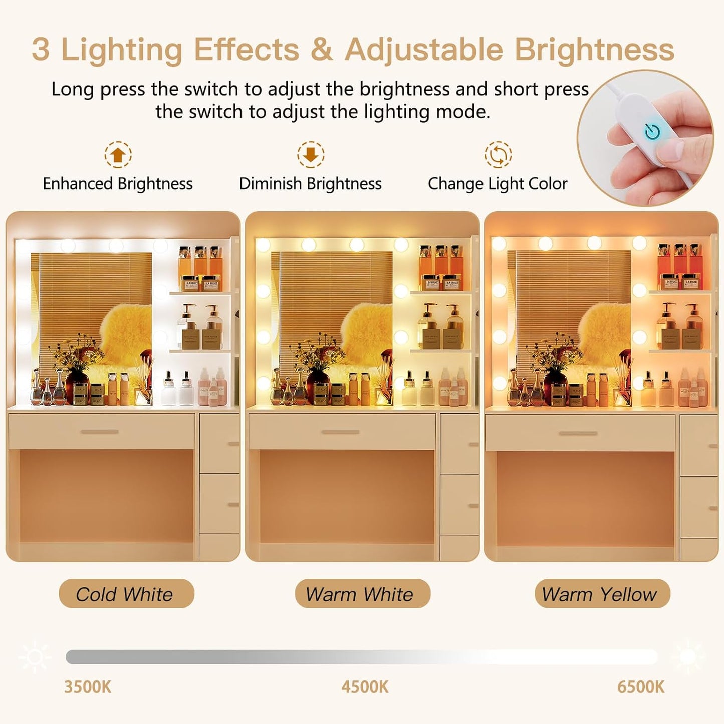 Makeup Vanity with Lights, Vanity Desk with Mirror and 10 LED Lights, Vanity Table Set with 4 Drawers, Cabinet & 4 Necklace Hooks, Dressing Table for Bedroom, White