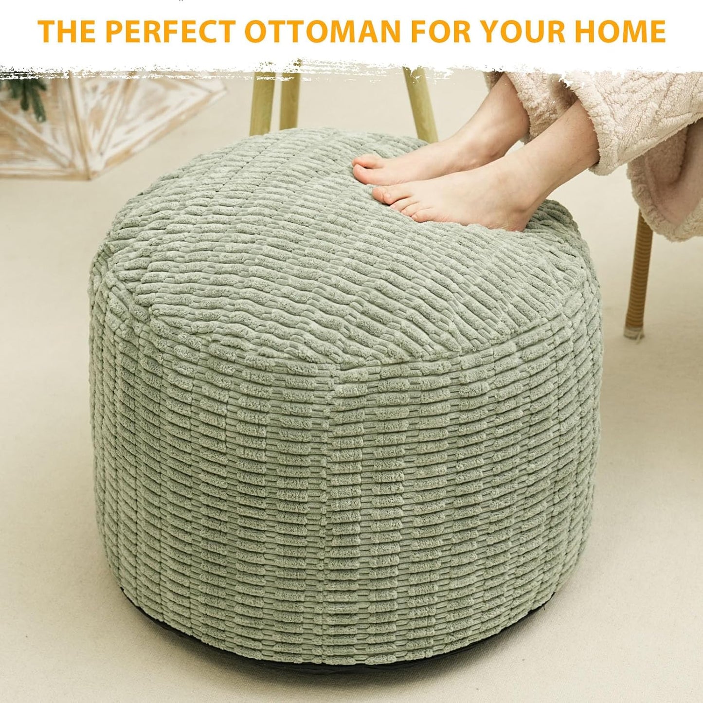 Round Stuffed Pouf Ottoman for Foot Rest, Storage Ottoman Pouf Foot Stool Cushion, Faux Fur Poufs with Foam Chunk Filling, 26 X 18 Inch Floor Chair for Living Room Bedroom Home Decor, Green