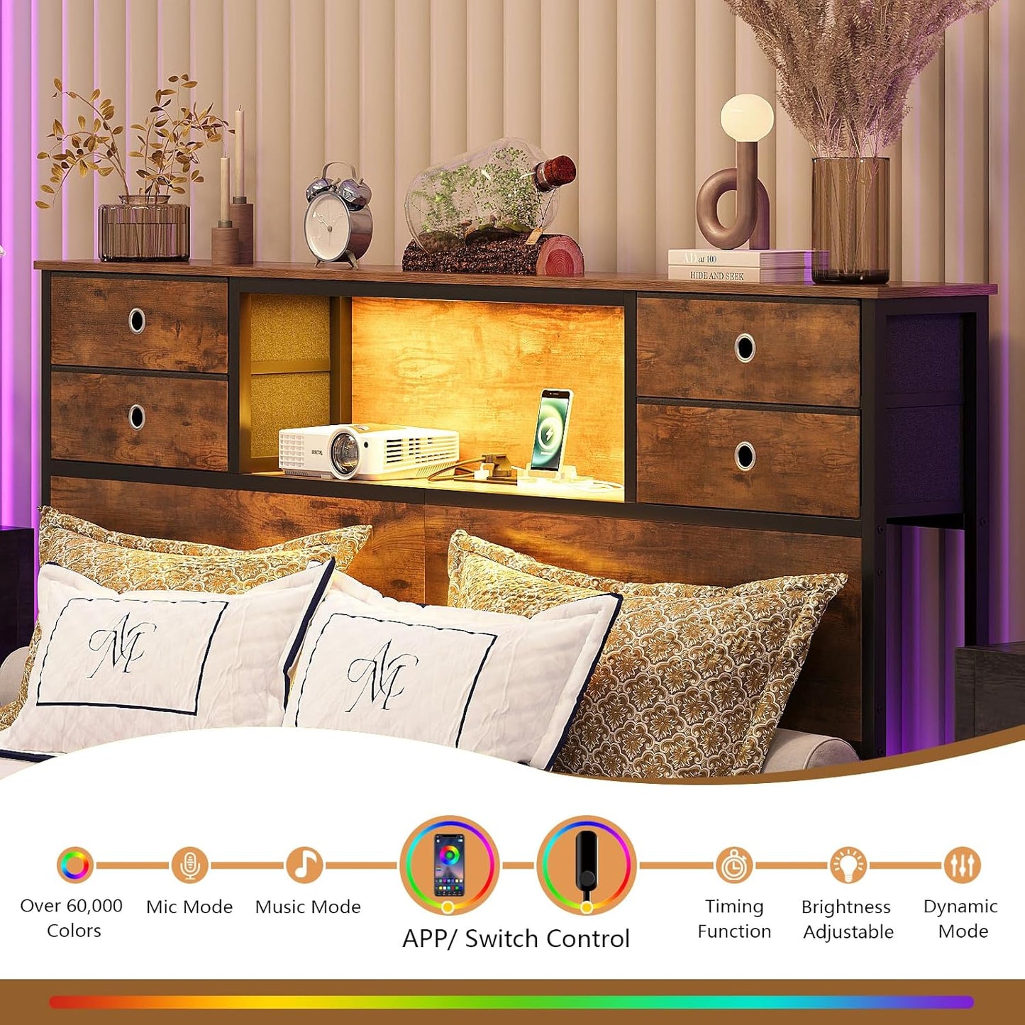 Queen Size Headboard with 4 Fabric Storage Drawers Charging Station LED Light Adjustable Height Storage Rack Sturdy and Stable Metal Frame & Wood Shelf (Rustic Brown, Queen (U.S. Standard))