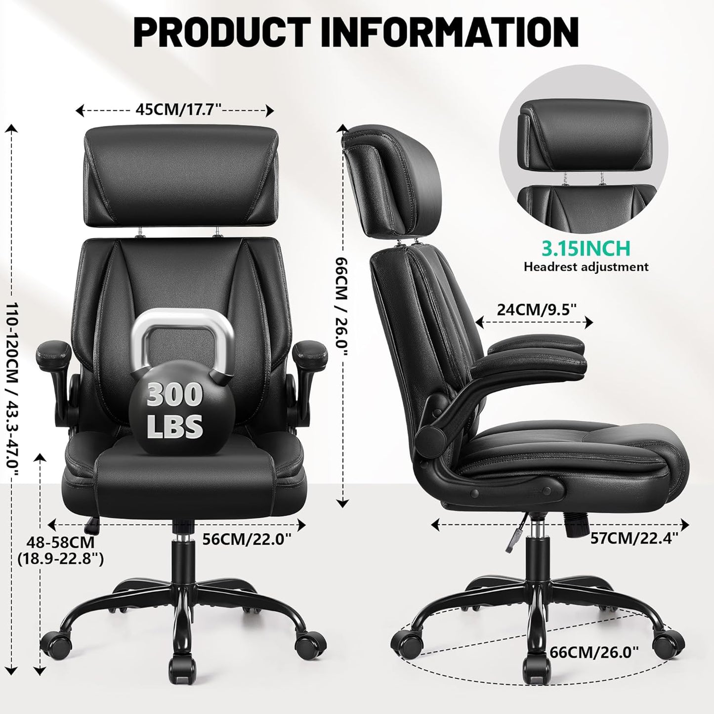 Office Chair, Ergonomic Desk Chair, Executive Leather Office Chairs with Lumbar Support, Adjustable Headrest & Armrests, Big and Tall Computer Chair, PC Chair with Rocking Function