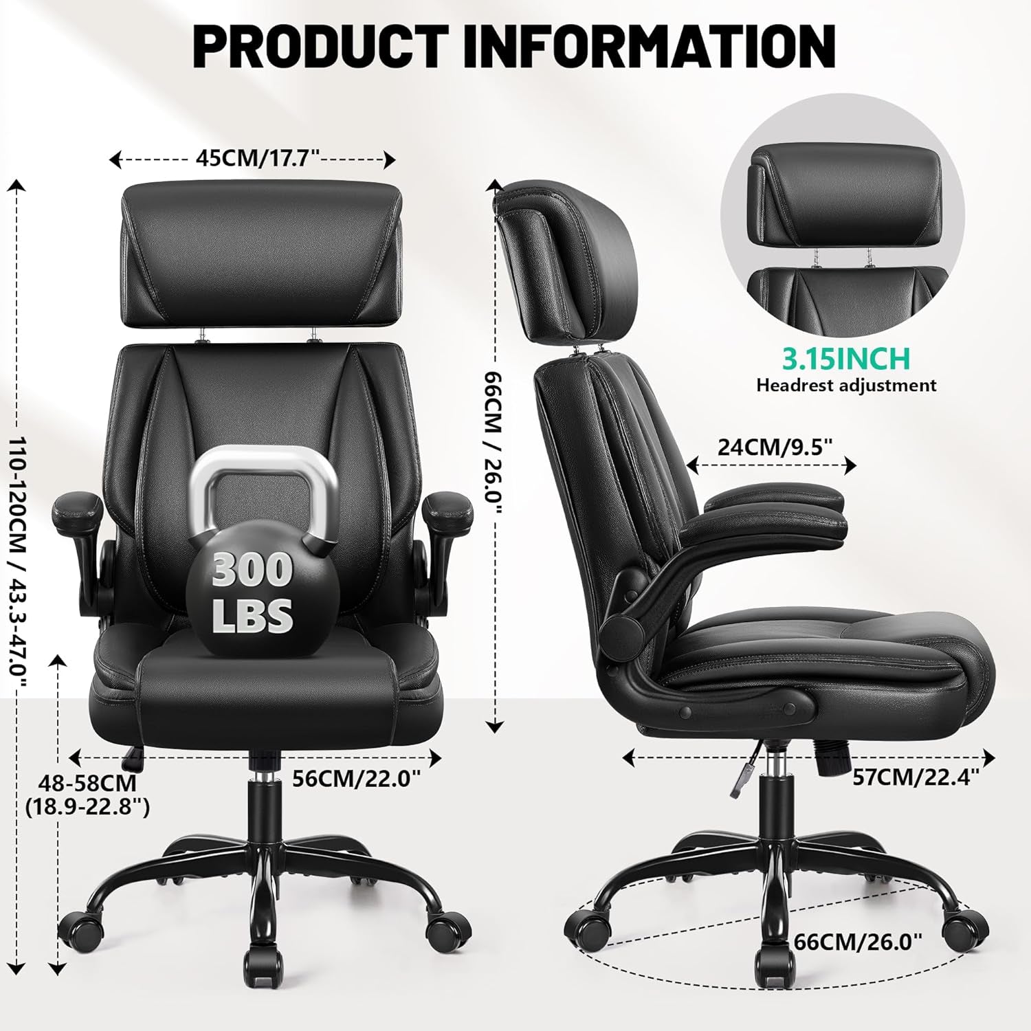 Office Chair, Ergonomic Desk Chair, Executive Leather Office Chairs with Lumbar Support, Adjustable Headrest & Armrests, Big and Tall Computer Chair, PC Chair with Rocking Function