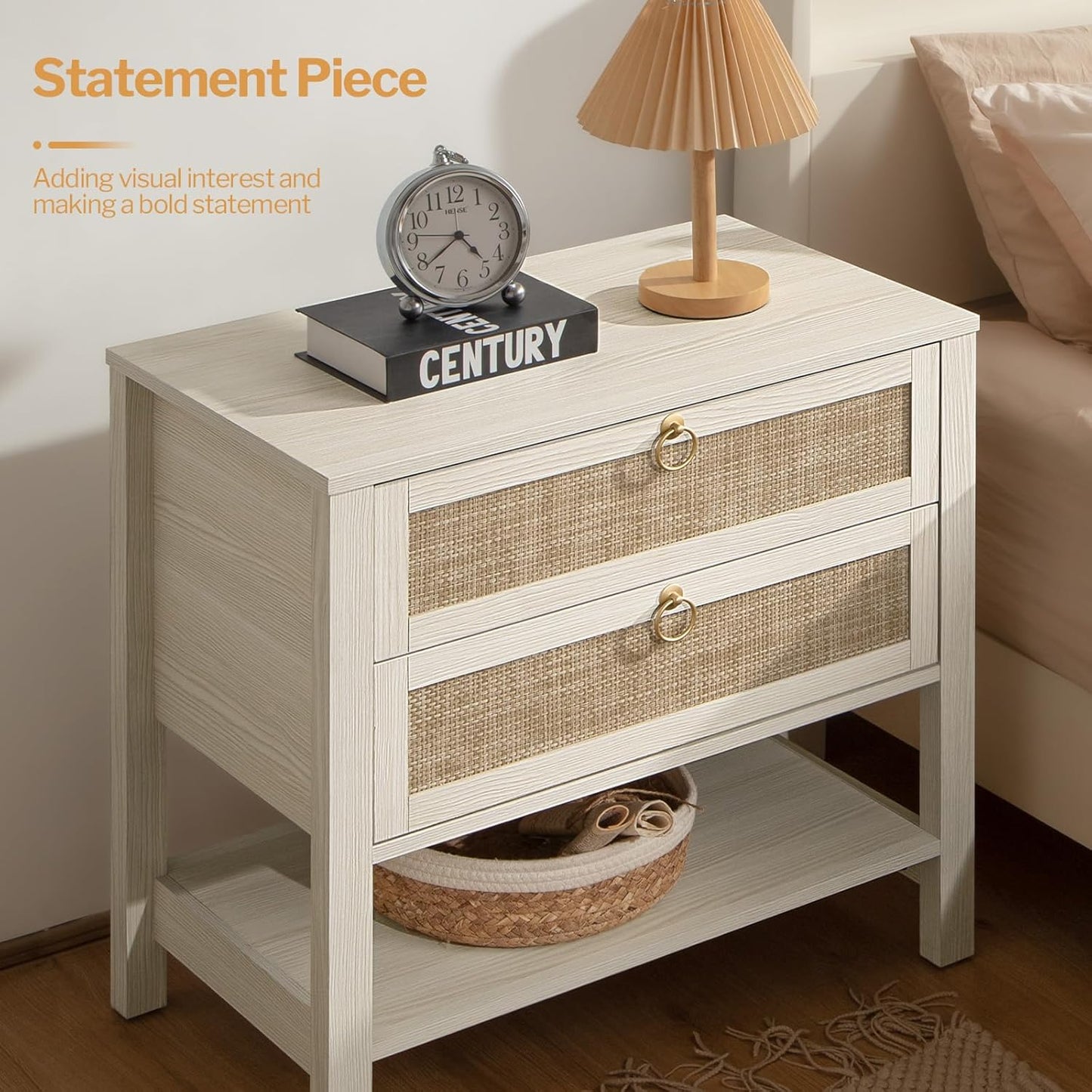 White Night Stand Set of 2, Large Nightstand with Drawers and Storage Shelf - Rattan Boho Bedside Table Narrow Side Table for Bedroom, Small Space