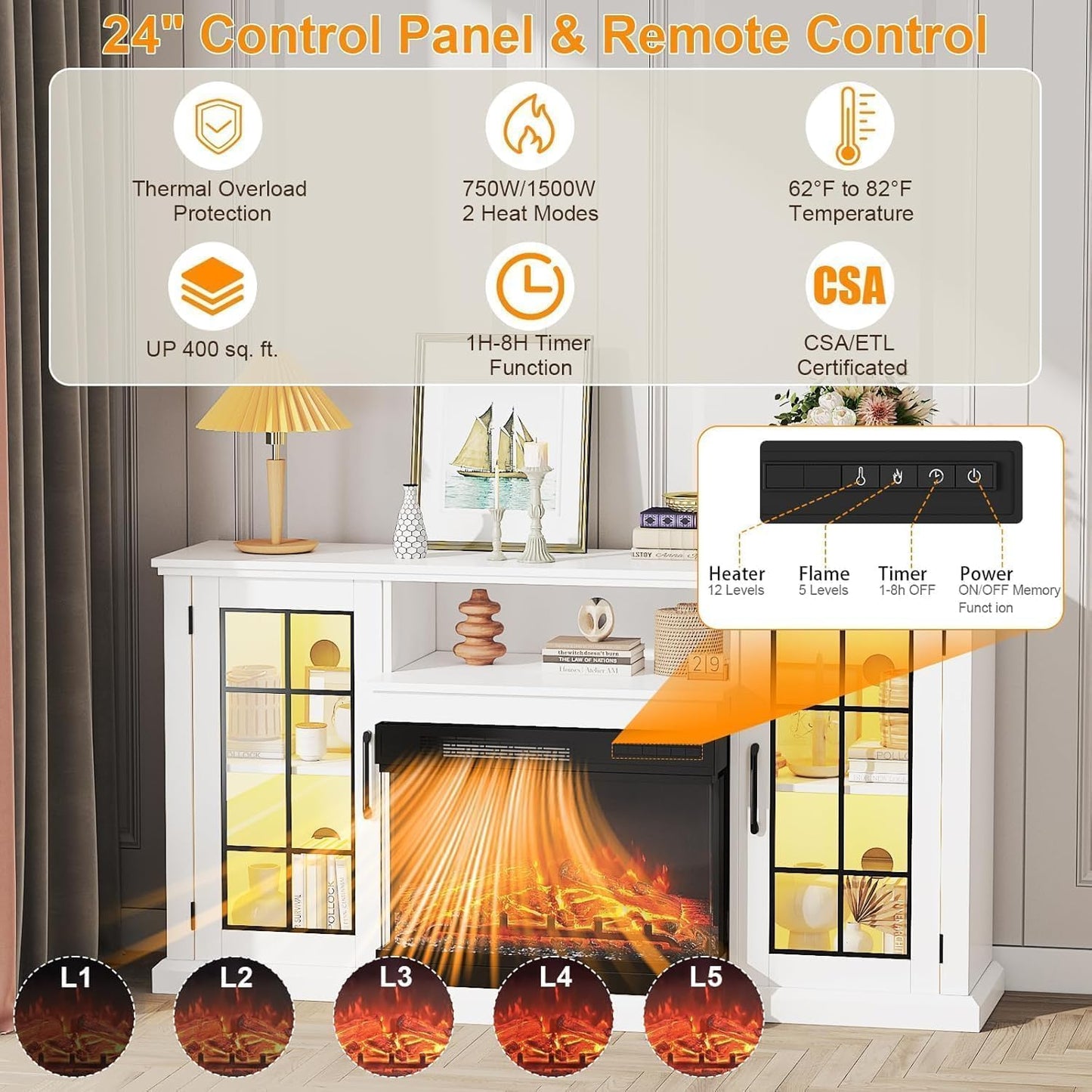 Fireplace TV Stand, 59'' TV Stand with Fireplace, 24'' Electric Fireplace Insert with Realistic 3D Flame Effect and LED Lights, Entertainment Center with Storage, White
