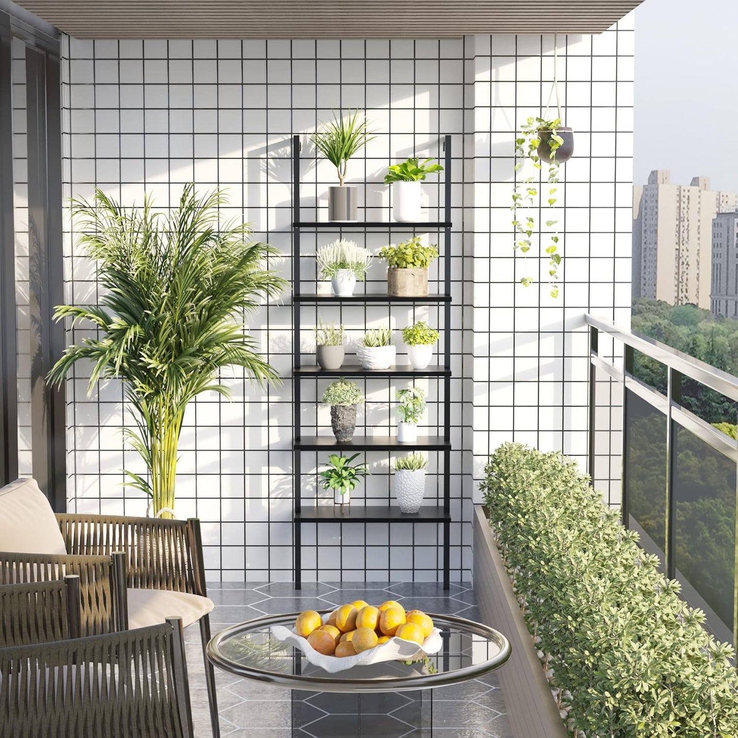 5-Tier Bookshelf, Wall Mount Ladder Shelf with Wood Board and Industrial Metal Frame, for Home Office, Living Room, Bedroom, Entryway and Hallway, (1, Black)