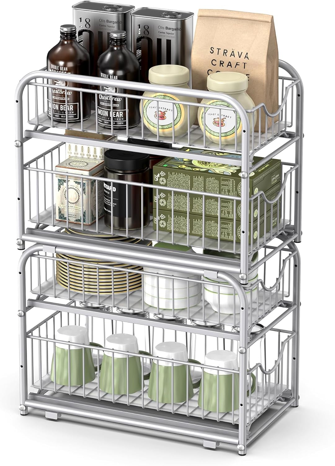 2-Tier Pull Out Cabinet Organizers, under Sink Organizer, Bathroom Organizer and Storage, Sliding Basket Drawers, Stackable for Kitchen, Bathroom, Metallic Silver UKCS017E01