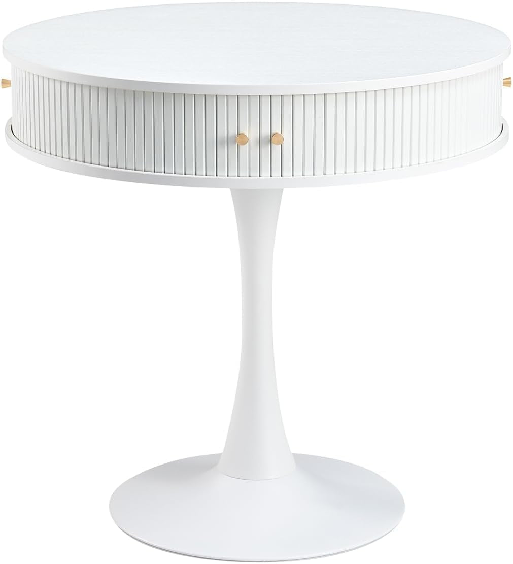 31.5"W round Fluted Pedestal Table for 2 3 4, White Circle Kitchen Dinner Table with Hidden Storage, 31''H Small Tulip Breakfast Desk with Sliding Door, Metal Base for Kitchen, Cafe, Patio, Courtyard
