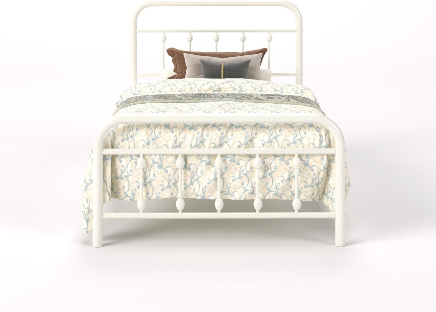 Twin Size Metal Platform Bed Frame with Victorian Style Iron-Art Headboard and Footboard, Easy Assembly, under Bed Storage, No Box Spring Required, off White