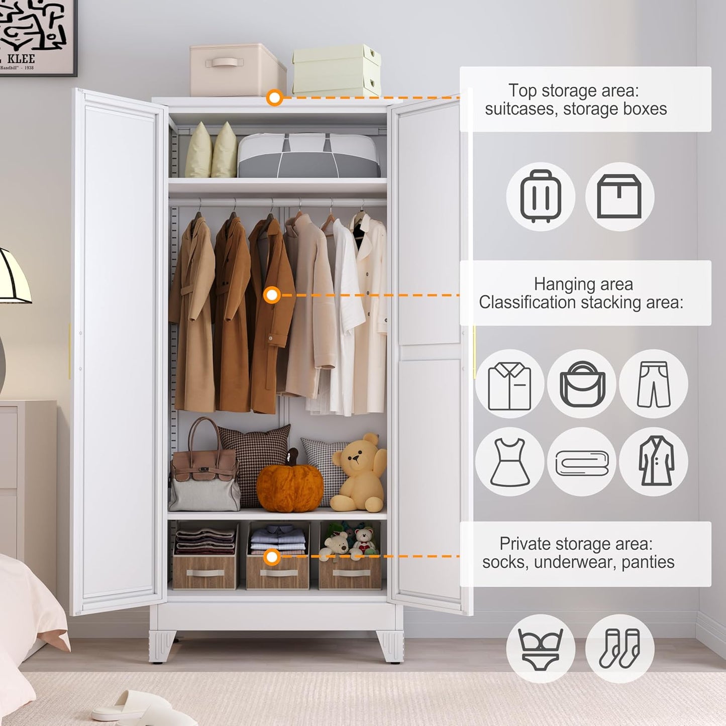 RIETERN Metal Armoire Wardrobe Closet, 71" Tall Bedroom Closet with Mirror, Adjustable Shelves, and Hanging Rod, Steel Clothes Closets and Storage, for Bedroom White