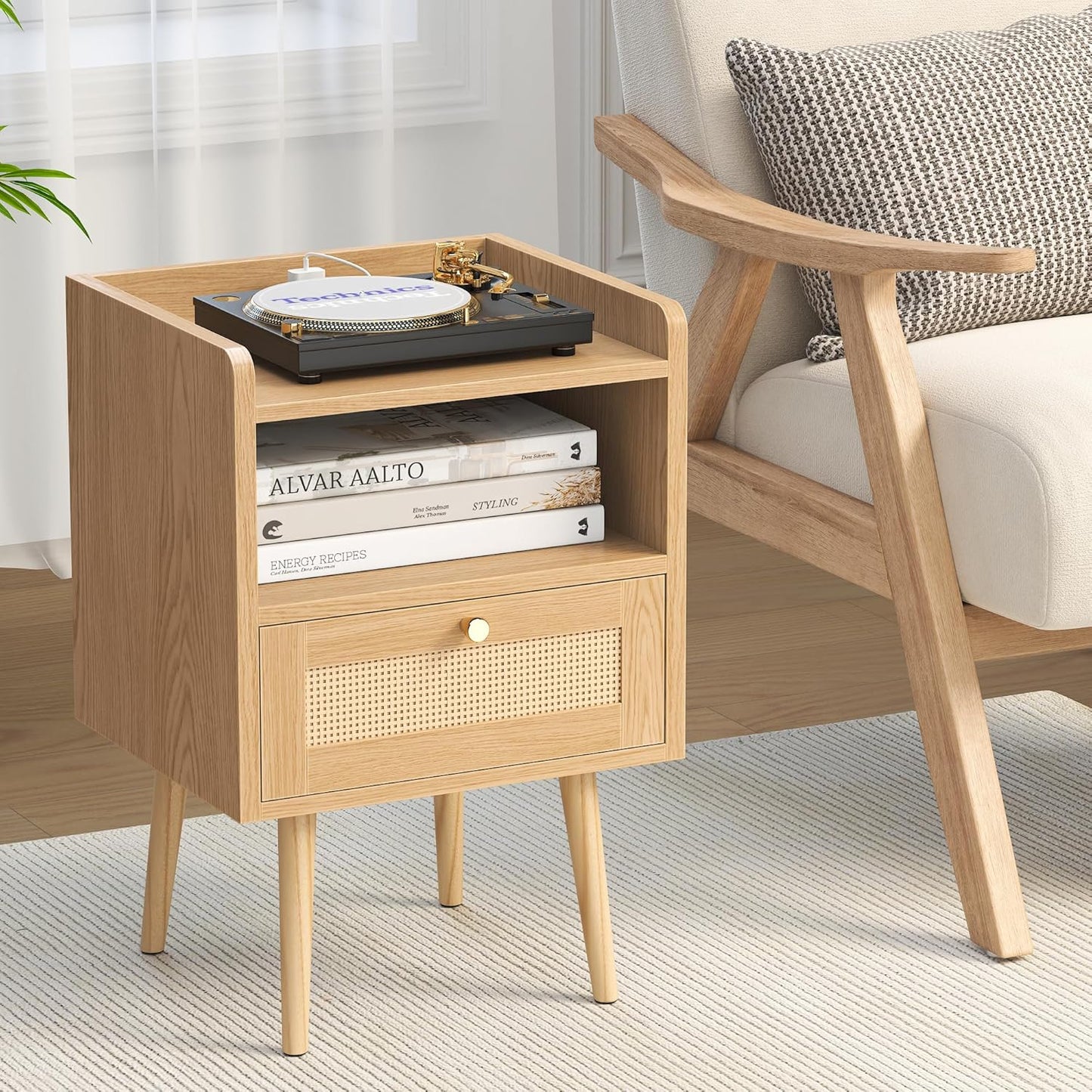 Night Stand Set of 2, Bedside Tables with Charging Station, Rattan End Tables, Boho Bed Side Tables, Wood Nightstands Set of 2 for Kids' Room Farmhouse Bedroom Living Room Dorm Sofa Couch (Natural)