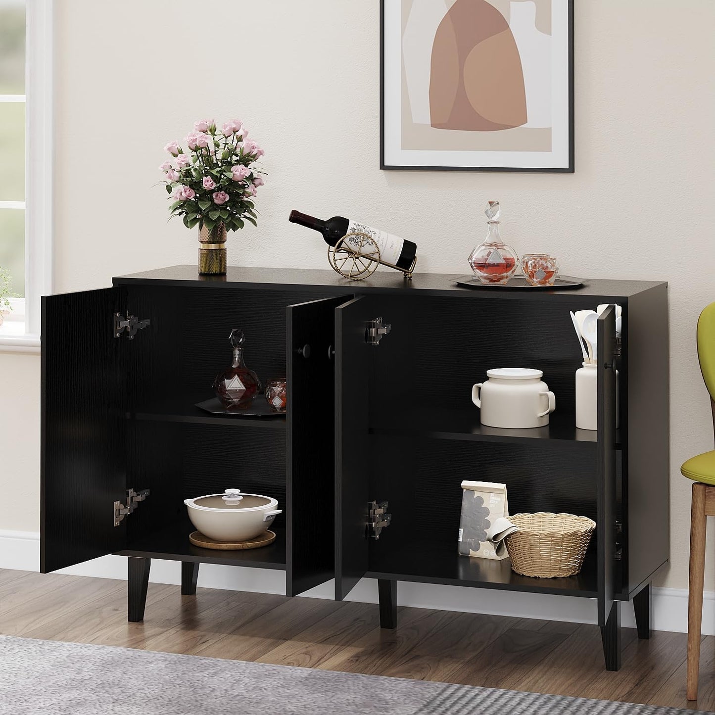 Sideboard Buffet Cabinet Kitchen Storage Cabinet Living Room 4 Doors Console Table (Black)