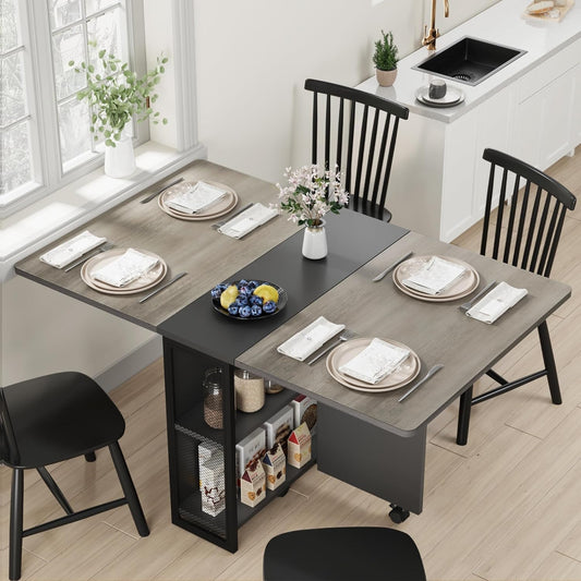 Folding Dining Table, Space Saving Farmhouse Dining Table for 4 Storage Shelf, 6 Wheels Multipose Expandable Kitchen Drop Leaf Table for Small Space (Carlo Grey, 50.1"D X 31.4"W X 29.5"H)