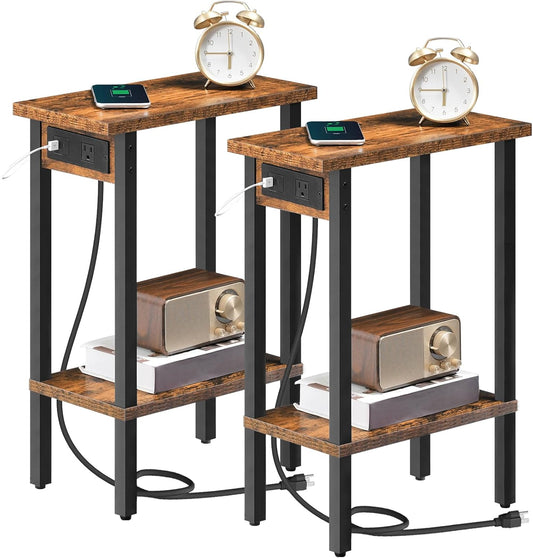 Small End Table with Charging Station, Set of 2, Narrow Side Table with USB Port and Outlets, Skinny Sofa Table, Slim Nightstand, Living Room, Bedroom, Rustic Brown and Black BF240UBZP201