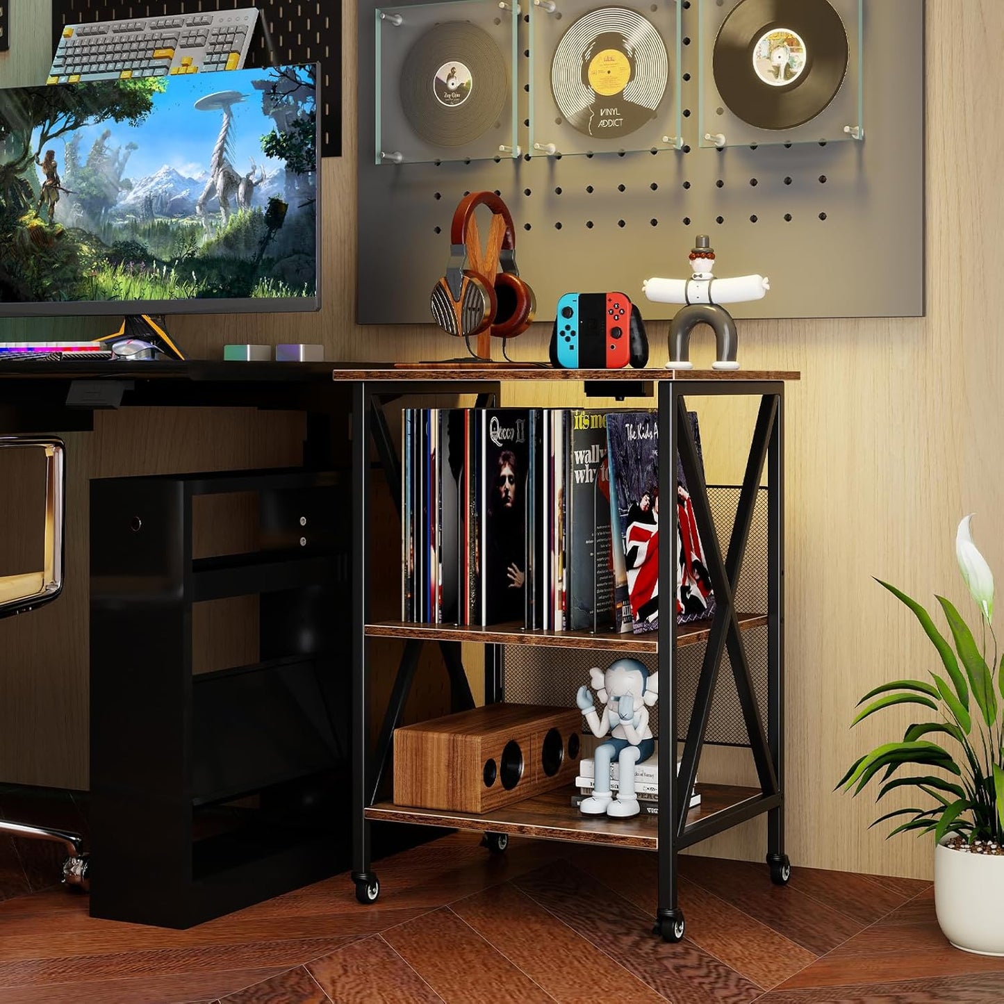 Record Player Stand with Charging Station, Turntable Stand with Record Storage & 4 Rolling Wheels, Vinyl Record Storage Table up to 250 Albums for Living Room, Bedroom (Dark Brown)