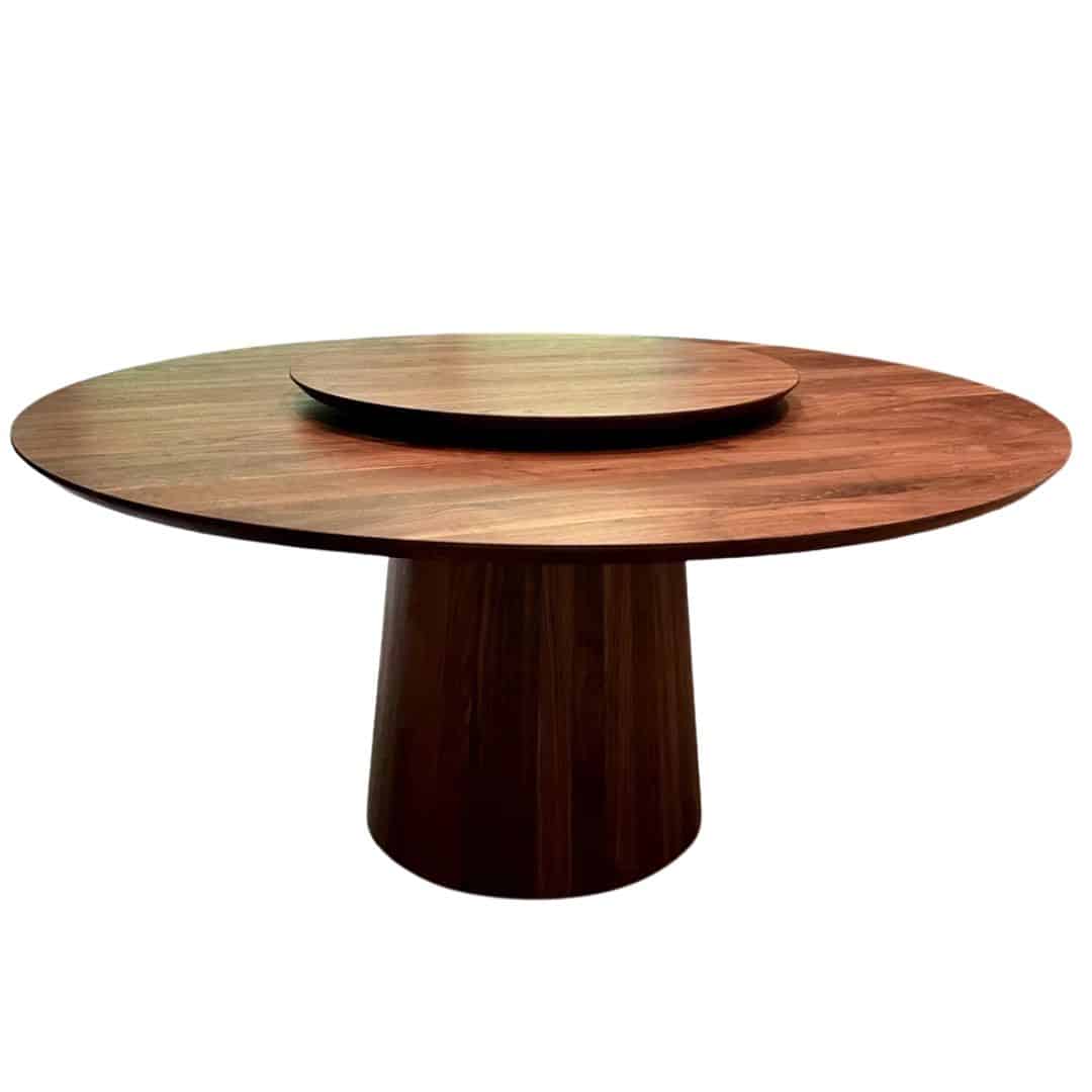 Handcrafted round walnut pedestal dining table with lazy Susan, made to order in the USA by Hawkins Woodshop