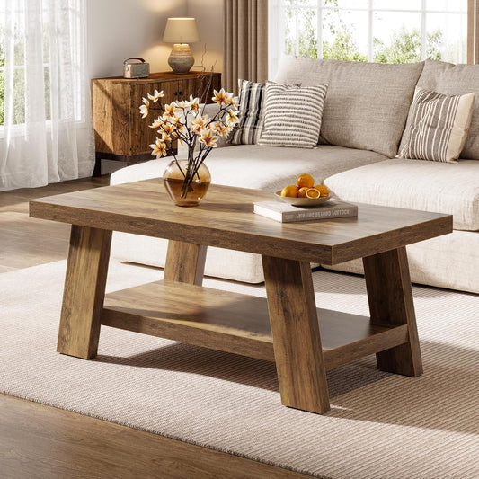 Brown 47 inch farmhouse rectangle coffee table with a lower open storage shelf in a living room