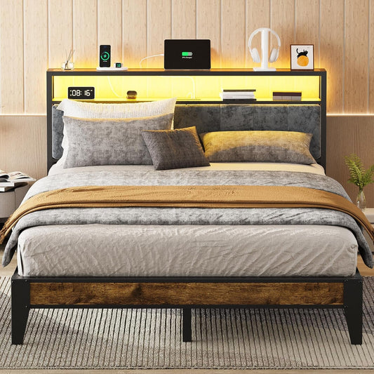 Queen metal platform bed frame with LED light headboard and charging station