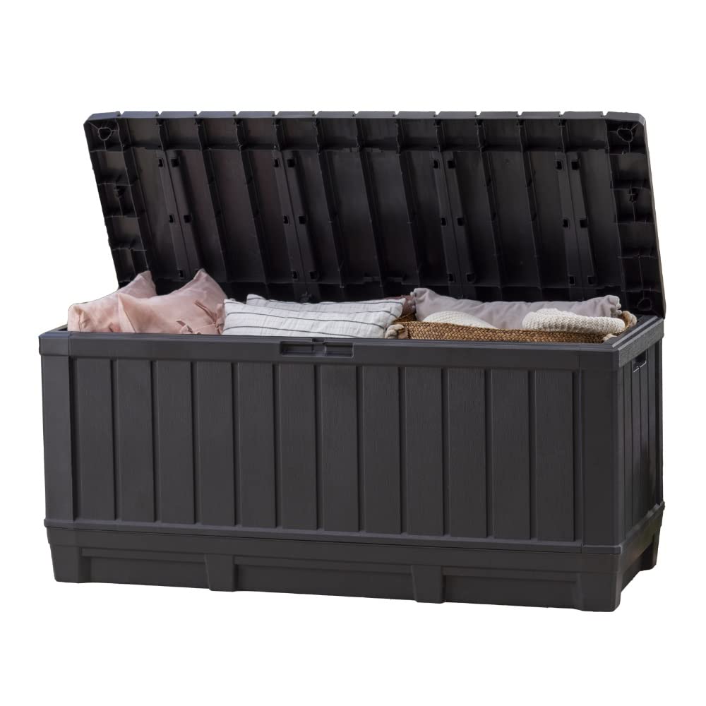 Keter Kentwood 92 gallon resin deck box in dark grey with a wood look finish on a patio