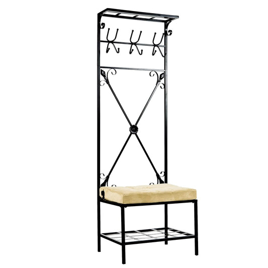 Black metal entryway hall tree with a cushioned bench seat, twelve hooks, and ventilated shelves for shoes
