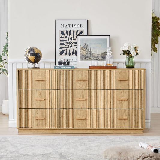 Natural oak fluted 9 drawer dresser, 59 inches wide, in a bedroom