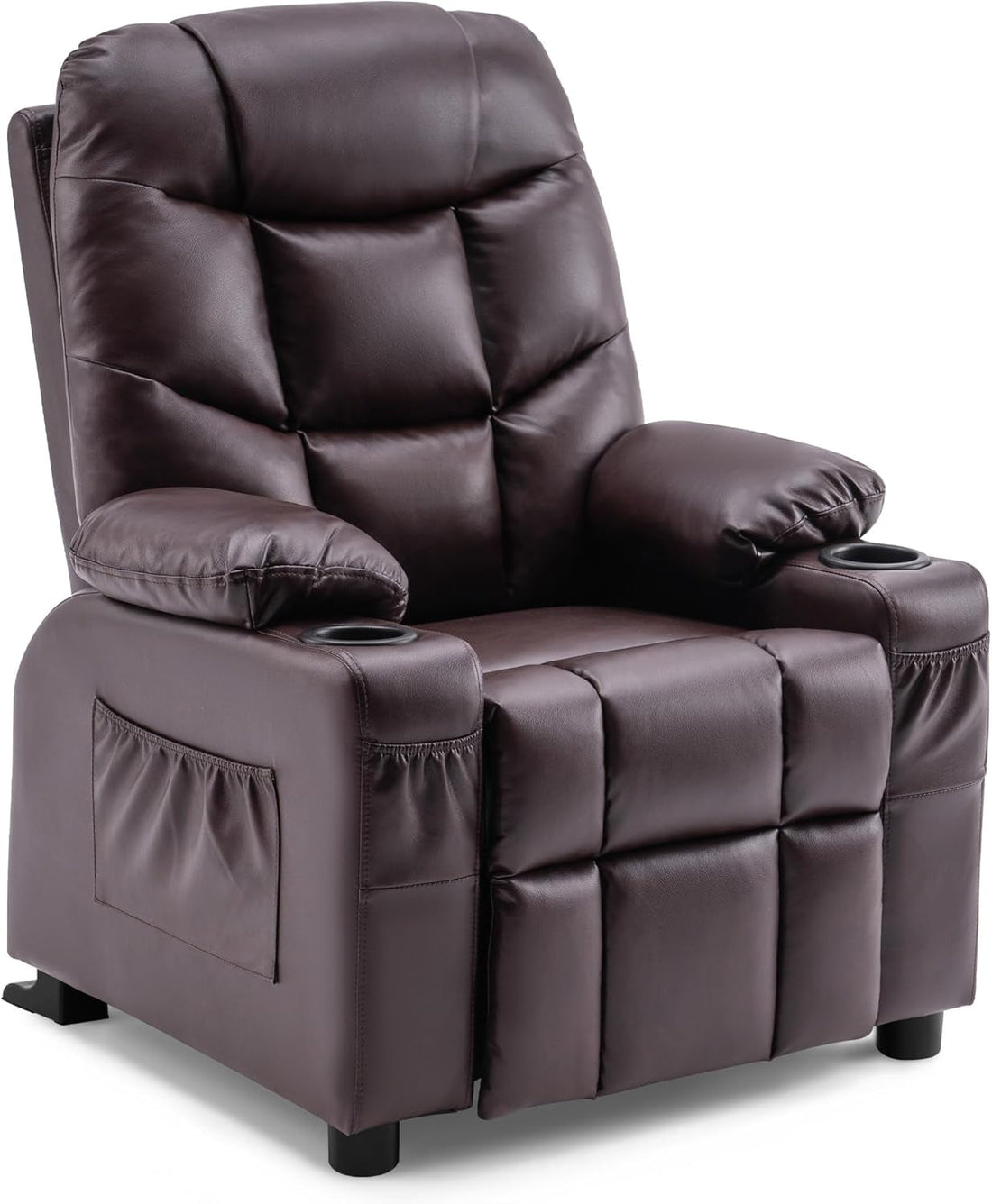 Dark brown faux leather big kids recliner with cup holders and side pockets