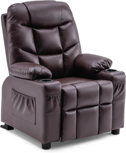 Dark brown faux leather big kids recliner with cup holders and side pockets