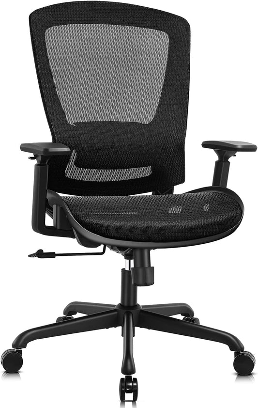 Black ergonomic mesh office chair with adjustable lumbar support and 3D armrests for a home office desk