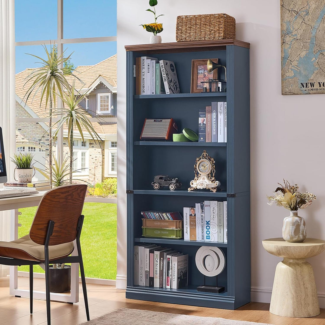 Blue 5 tier wooden bookshelf, 70 inches tall and 11.9 inches deep, with adjustable shelves holding books