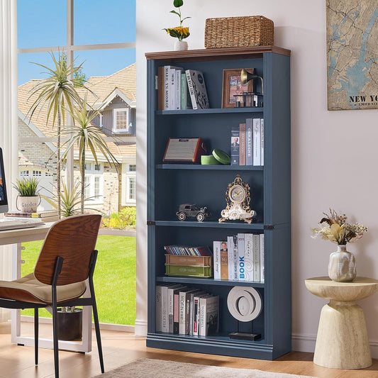 Blue 5 tier wooden bookshelf, 70 inches tall and 11.9 inches deep, with adjustable shelves holding books