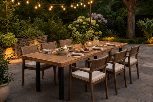 Long acacia wood dining table set for a backyard dinner under string lights