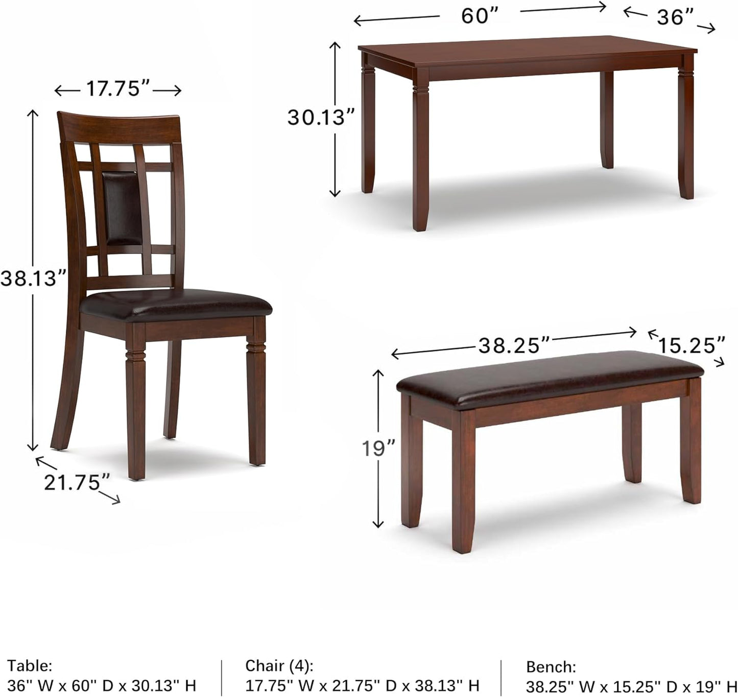Bennox Dining Room Set, Includes Table, 4 18" Chairs & Bench, Brown