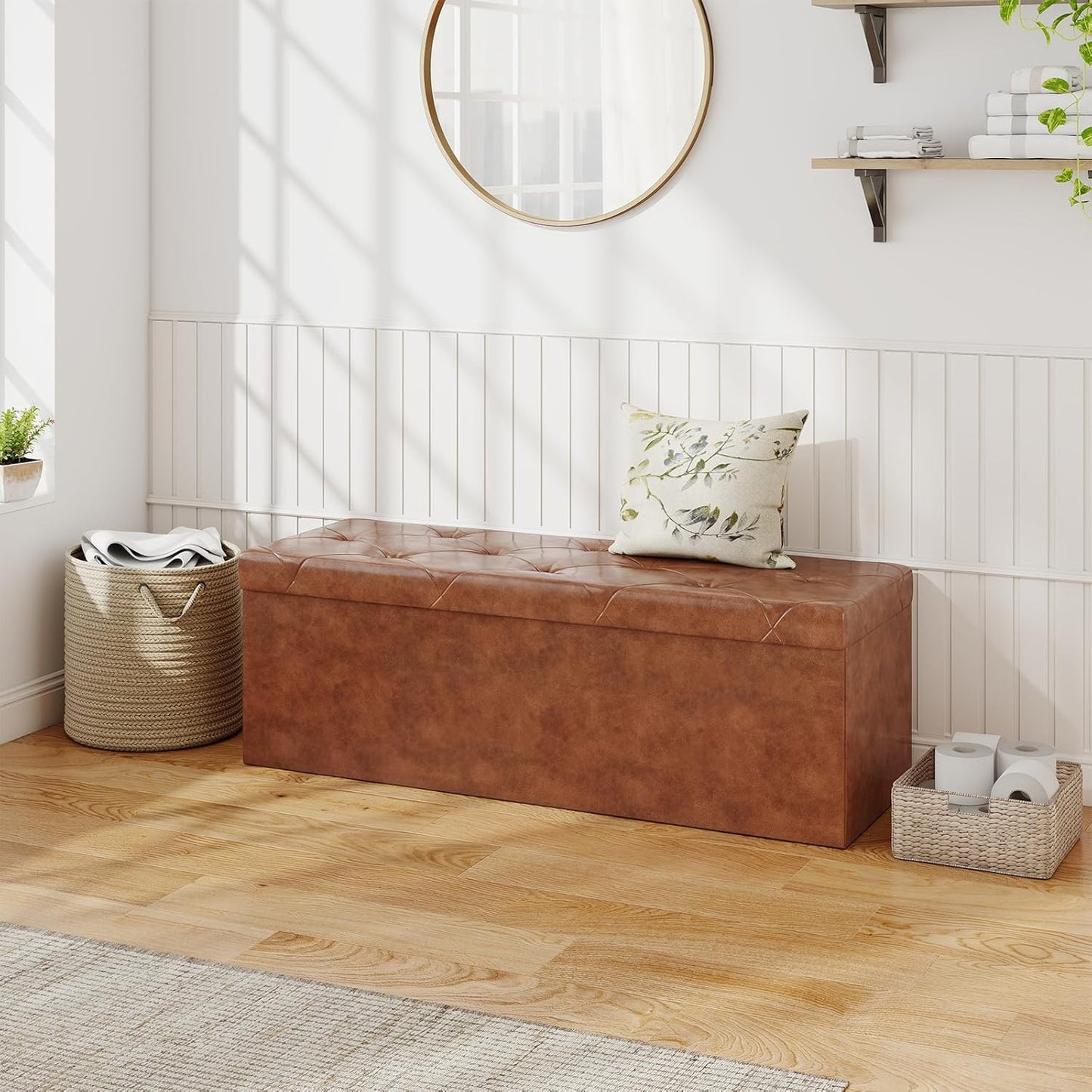 43 Inches Folding Ottoman with Storage Bench, Foot Rest Stool, End of Bed Storage Bench Upholstered, Load 660 Lbs, for Living Room, Synthetic Leather, Brown