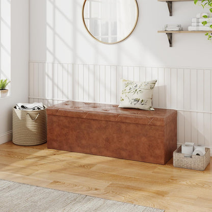 43 Inches Folding Ottoman with Storage Bench, Foot Rest Stool, End of Bed Storage Bench Upholstered, Load 660 Lbs, for Living Room, Synthetic Leather, Brown