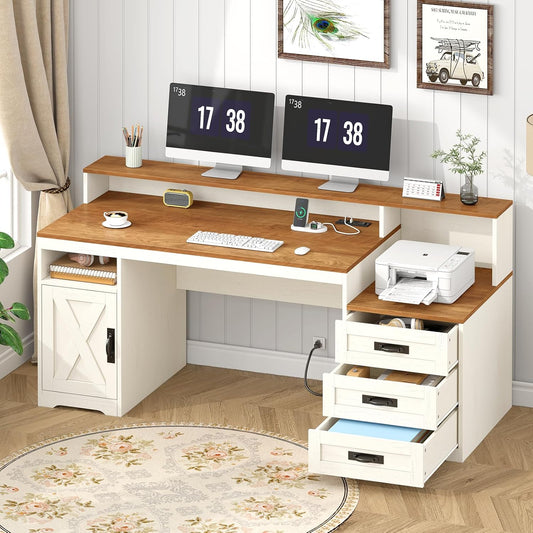 Farmhouse Computer Desk with Drawers, 65'' Home Office Desk with Power Outlets, Storage Cabinet and Printer Stand, Study Writing Desks with Long Monitor Stand, Brown and White