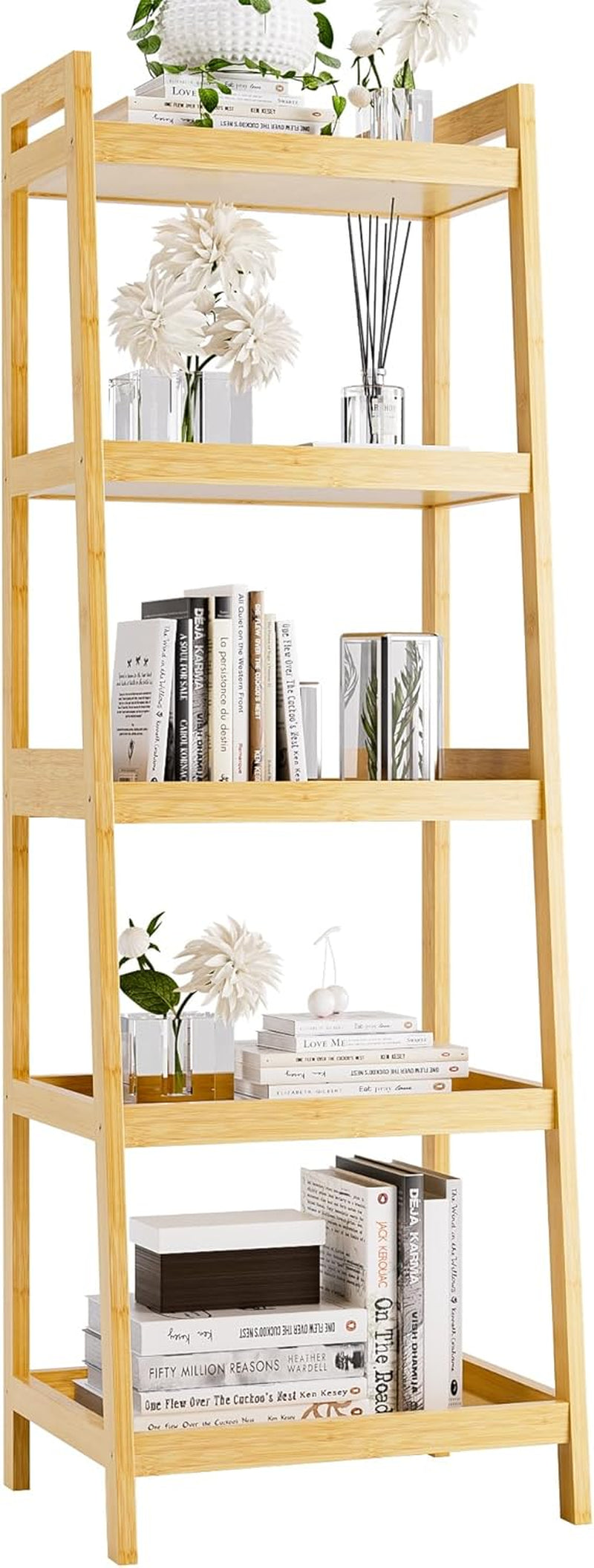 Bookshelf, 5 Tier Ladder Bookcase with Bamboo Frame, Freestanding Tall Narrow Display Plant Shelf for Living Room, Kitchen, Bedroom, Balcony, Natural