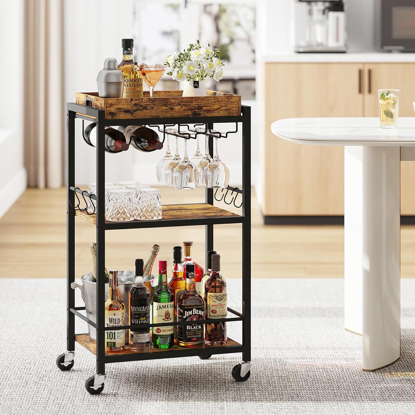 Bar Cart with Removable Tray, Home Bar Serving Cart, Drink Cart, Mobile Kitchen Shelf with Wine Rack and Glass Holder, Rolling Beverage Cart for Living Room, Kitchen, Brown BC01BB036