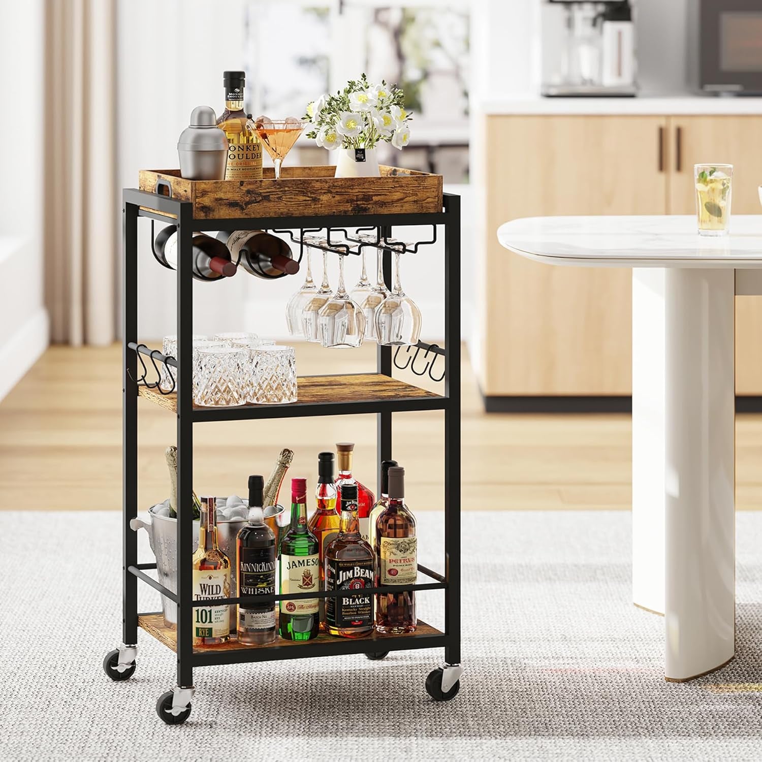 Bar Cart with Removable Tray, Home Bar Serving Cart, Drink Cart, Mobile Kitchen Shelf with Wine Rack and Glass Holder, Rolling Beverage Cart for Living Room, Kitchen, Brown BC01BB036