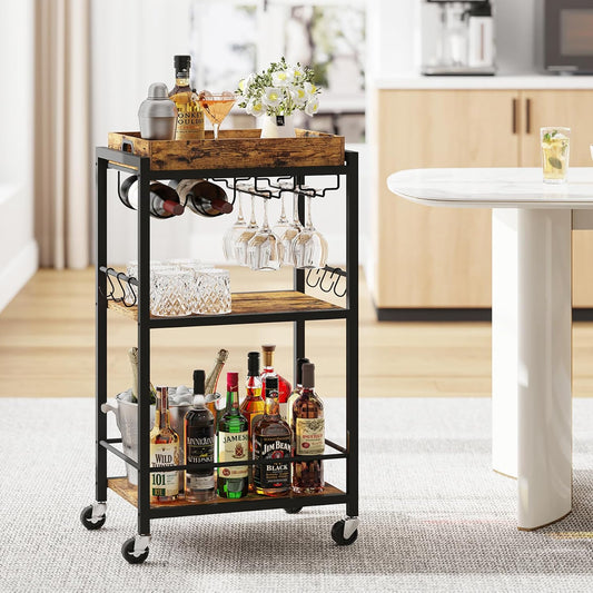 Bar Cart with Removable Tray, Home Bar Serving Cart, Drink Cart, Mobile Kitchen Shelf with Wine Rack and Glass Holder, Rolling Beverage Cart for Living Room, Kitchen, Brown BC01BB036