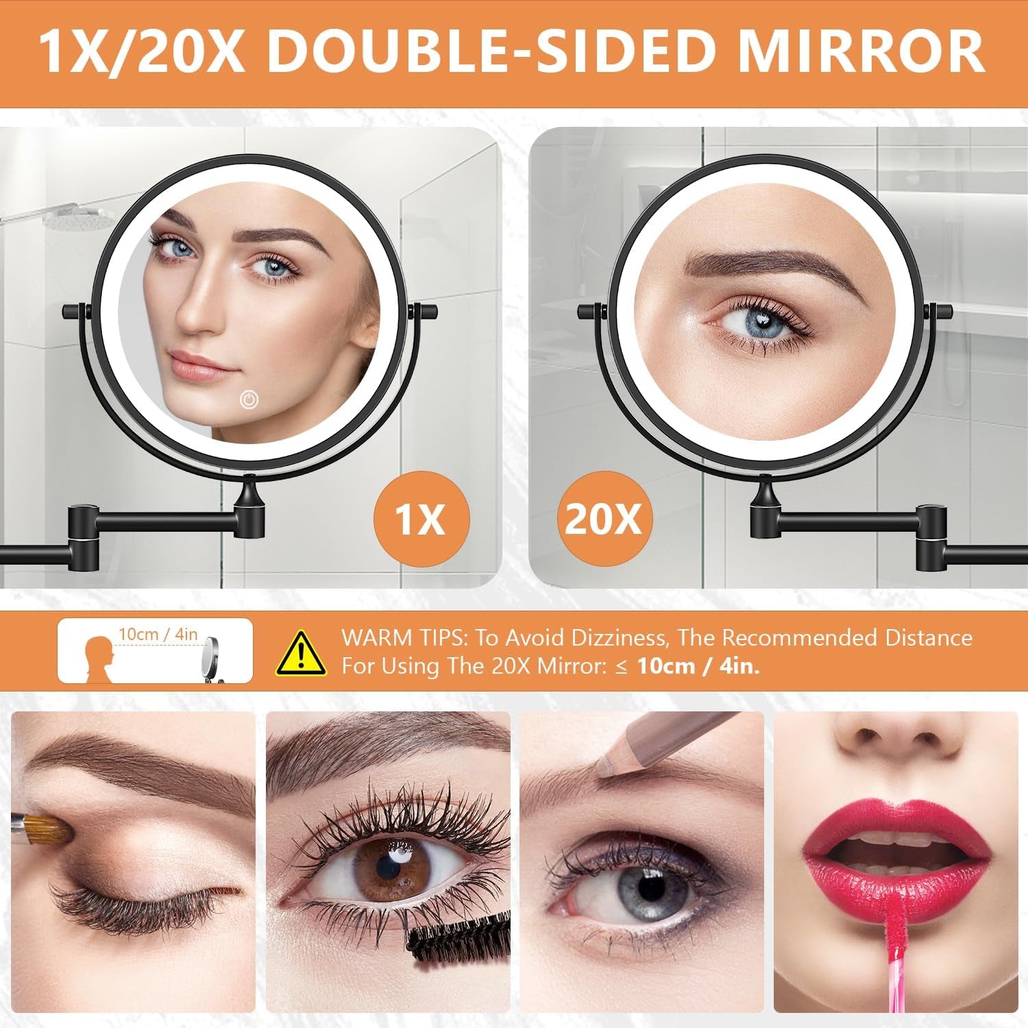 8'' Wall Mounted Lighted Makeup Mirror, 3200Mah Rechargeable Double-Sided 1X/20X Magnifying Mirror with Light, Touch Dimmable 3 Color Light, 360° Rotation Foldable Extended Arm, Black