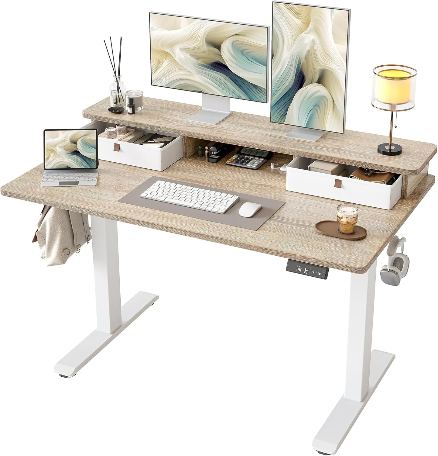 Standing Desk with Two Drawers, Stand up Standing Desk Adjustable Height, Electric Sit Stand Table with Storage Shelf and Splice Board, 48 * 24 Inch, Maple