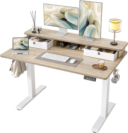 Standing Desk with Two Drawers, Stand up Standing Desk Adjustable Height, Electric Sit Stand Table with Storage Shelf and Splice Board, 48 * 24 Inch, Maple