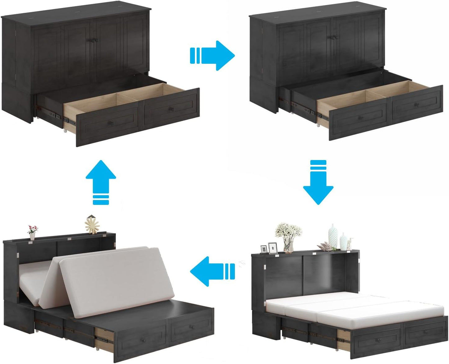 63" Width Queen Size Murphy Bed Cabinet with USB Charging Station, Modern Murphy Cabinet Beds with Drawers & Tri-Folding Mattress, Chest Cabinets Wall Beds for Home Apartment, Dark Grey