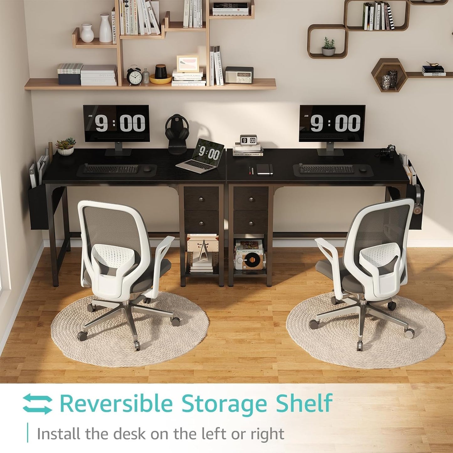 Computer Desk with Fabric Drawers, 40 Inch Reversible Gaming Desk for Small Space Home Office, Modern Simple Study Writing Table PC Desks for Bedroom, Black