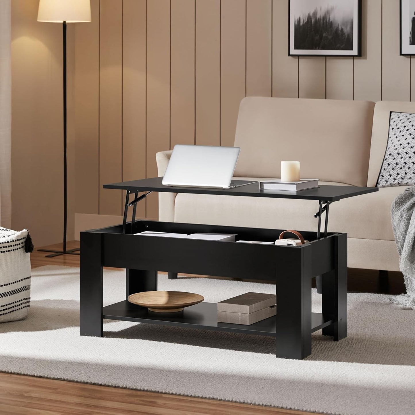 Modern Living Room 3 Pieces Table Sets, Lift Top Coffee Table and End Table Sets for Home and Office, Easy Assembly Accent Furniture with Hidden Compartment and Open Storage Shelf, Black