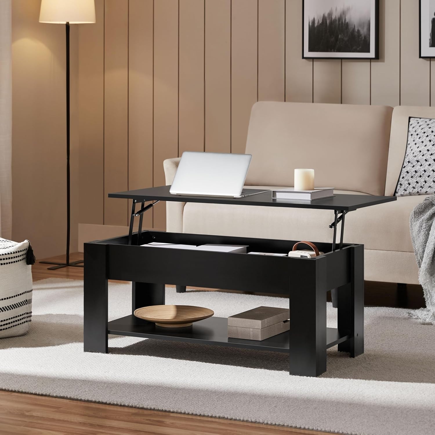 Modern Living Room 3 Pieces Table Sets, Lift Top Coffee Table and End Table Sets for Home and Office, Easy Assembly Accent Furniture with Hidden Compartment and Open Storage Shelf, Black