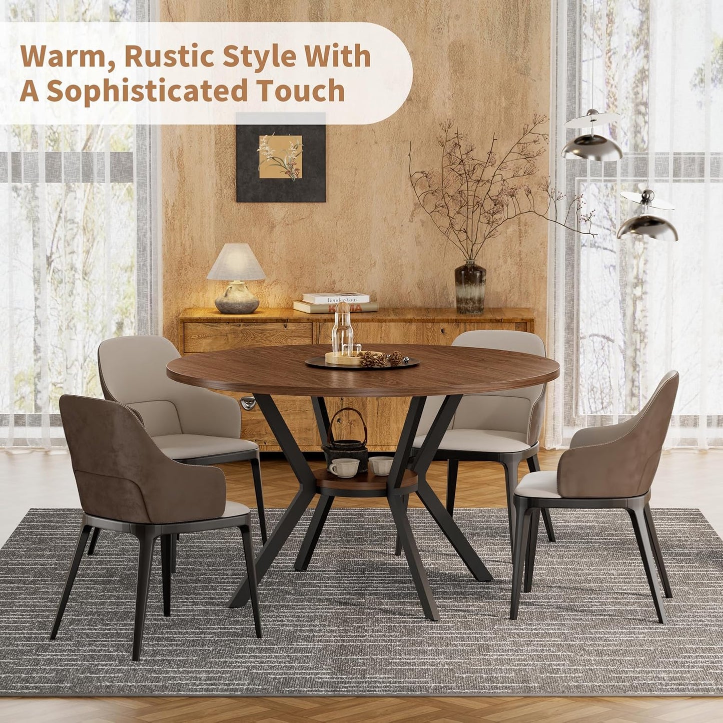 42" round Dining Table for 4, Farmhouse Kitchen Table with Storage, Space Saving Circle Dinner Table, Rustic Wood Kitchen & Dining Room Tables with Metal Legs for Kitchen, Living Room, Dining Room