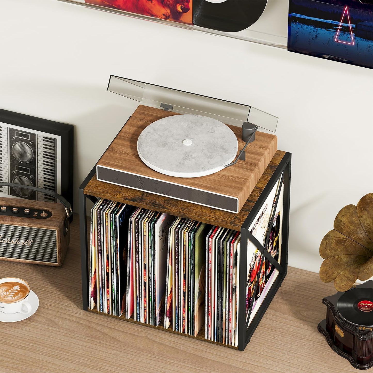 Vinyl Record Storage,Vinyl Record Holder up to 80-100 Albums,4-Compartment Record Player Stand for Magazine,Book,Cd,Files,Albums