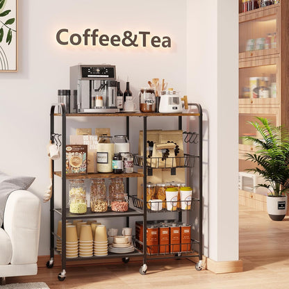 Rolling Kitchen Microwave Cart - 4 Tier Microwave Table Stand with Pull-Out Baskets, Coffee Bar Baker'S Rack with Wheels Rolling Storage Cart Organizer Shelf for Living Room Office, Balcony